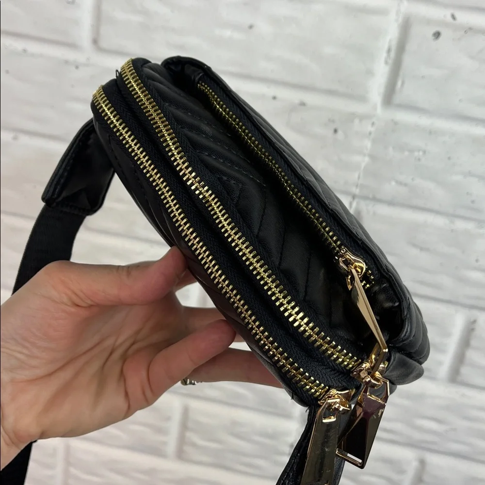Unbranded Triple Zipper Quilted Vegan Faux Leather Black Belt Bag Fanny Pack